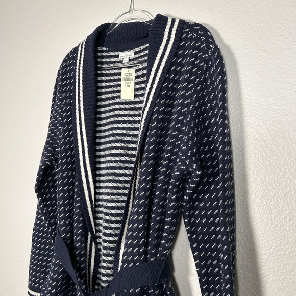 LL Bean women size L signature wool blend long cardigan navy white belted NEW - Picture 7 of 15